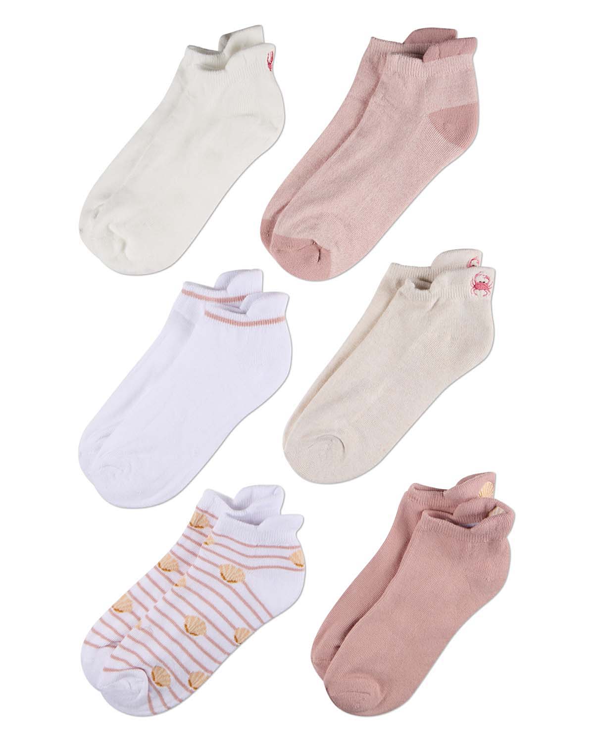 6 Pair Women's "Crab and Shell" Embroidered Half-Cushion Low Cut Socks