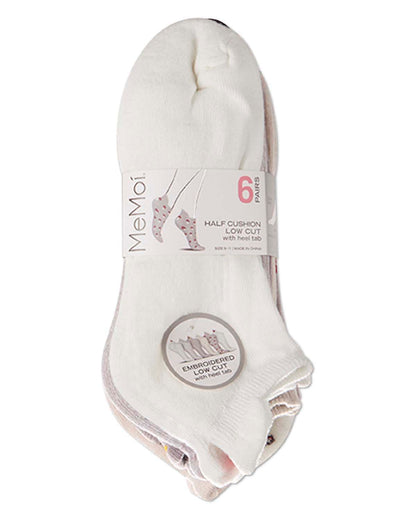 6 Pair Women's Half-Cushioned Embroidered Low Cut Socks with Heel Tab