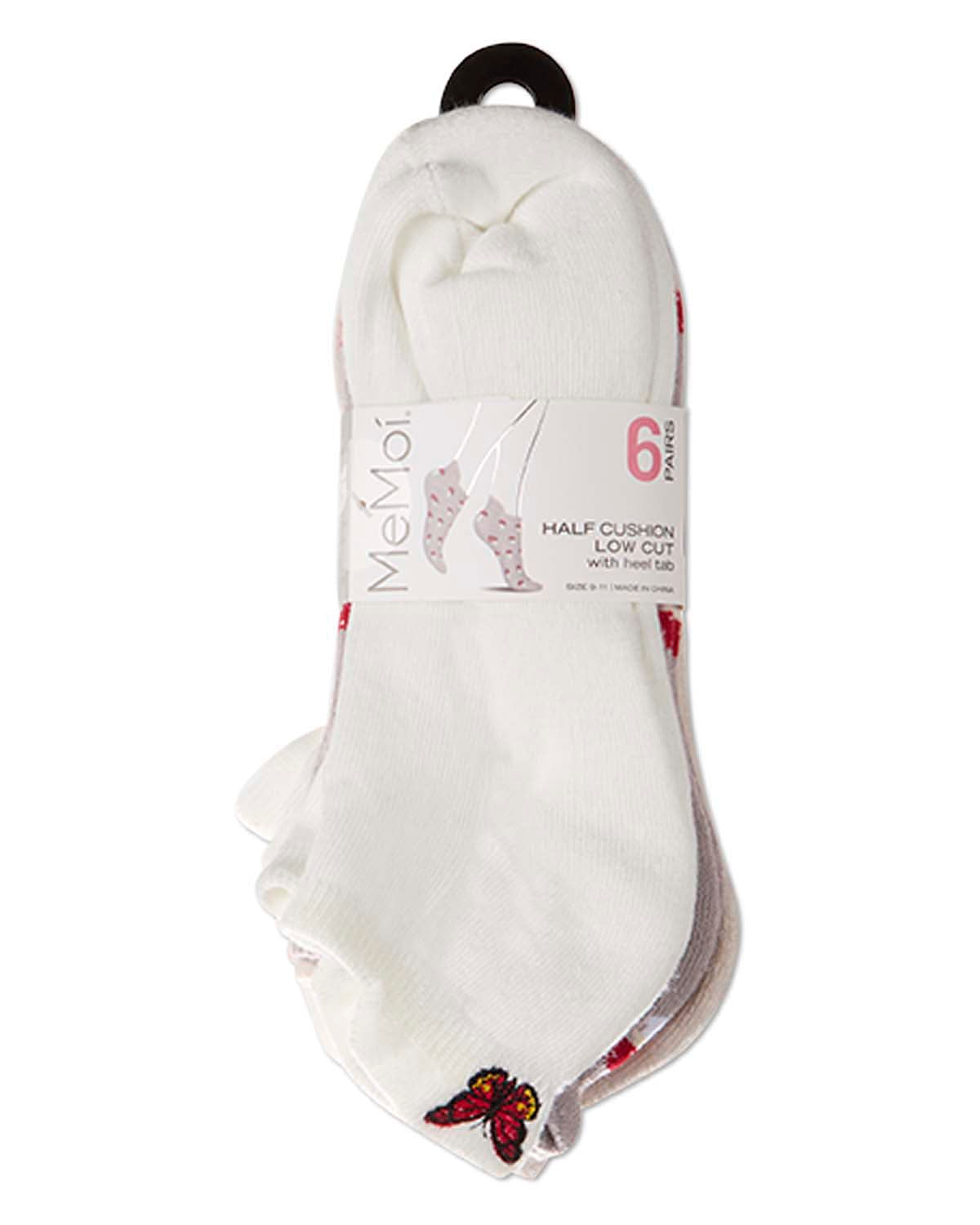 6 Pair Women's Half-Cushioned Embroidered Low Cut Socks with Heel Tab