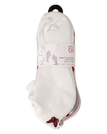 6 Pair Women's Half-Cushioned Embroidered Low Cut Socks with Heel Tab