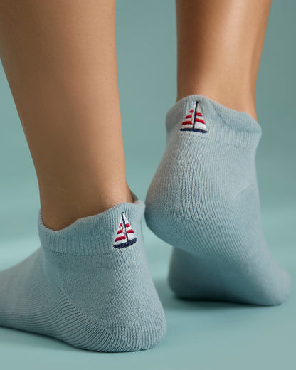 Women's Sailboat-Embroidered Half-Cushioned Low Cut Sock