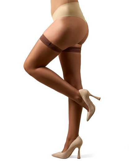 Women's Simply Bare Floral Lace Top Thigh High Tights Color: Caramel