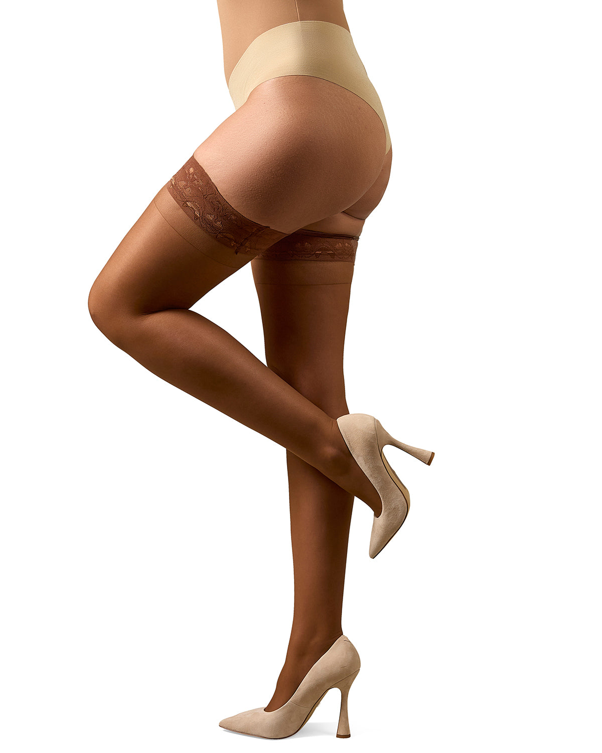 Women's Crystal Sheer Lace Top Thigh High Stockings : Color: Honey