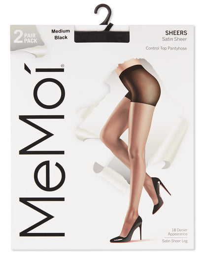 Satin Sheer Control Top Pantyhose with Shadow Toe 2 Pack : Color: Black