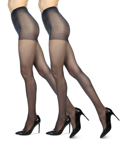 Satin Sheer Control Top Pantyhose with Shadow Toe 2 Pack : Color: Black