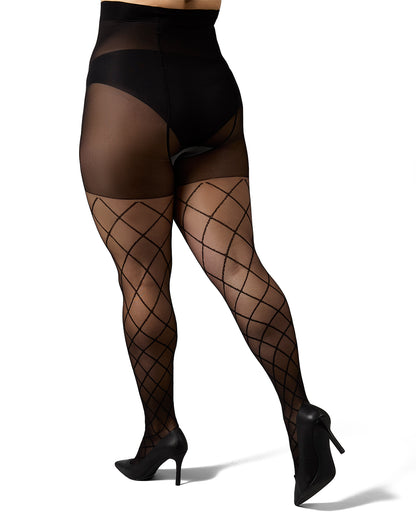 Plus Size Curvy Diamond Sheer Control Top Tights : Color: Black-Black