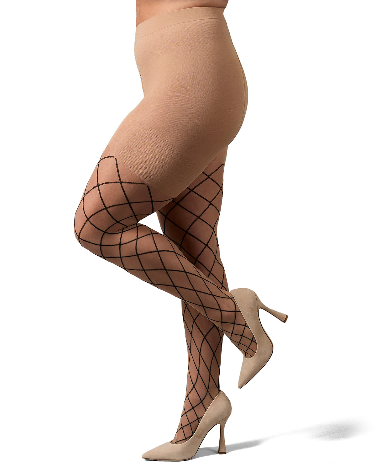 Plus Size Curvy Diamond Sheer Control Top Tights : Color: Nude-Black