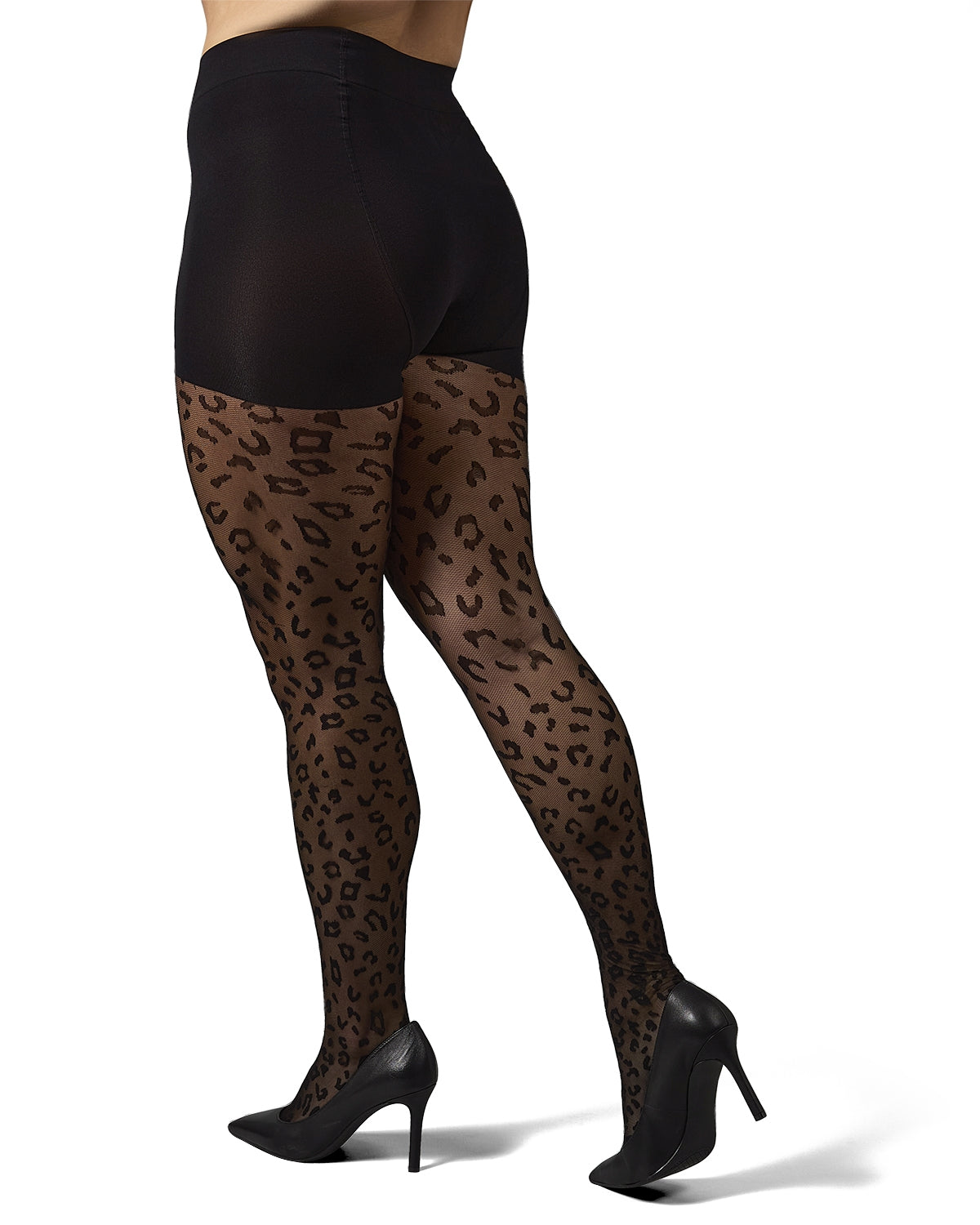 Women's Curvy Leopard Sheer Nylon Control Top Tights : Color: Black-Black