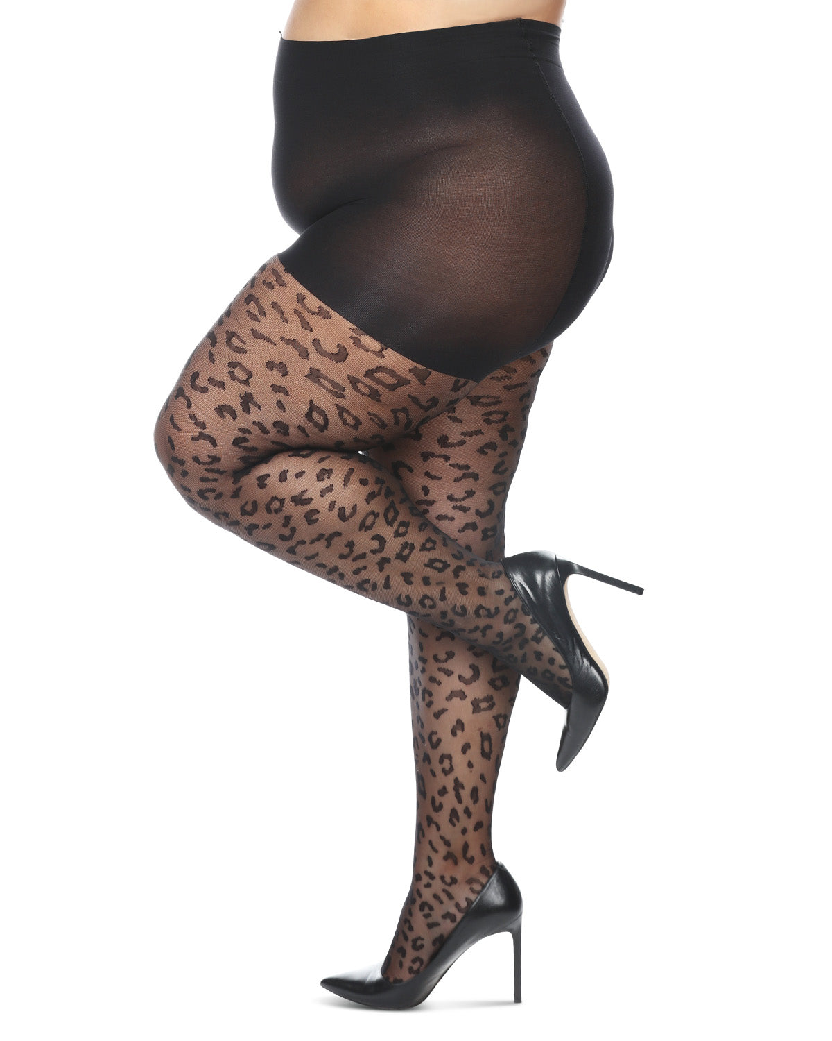 Women's Curvy Leopard Sheer Nylon Control Top Tights : Color: Black-Black