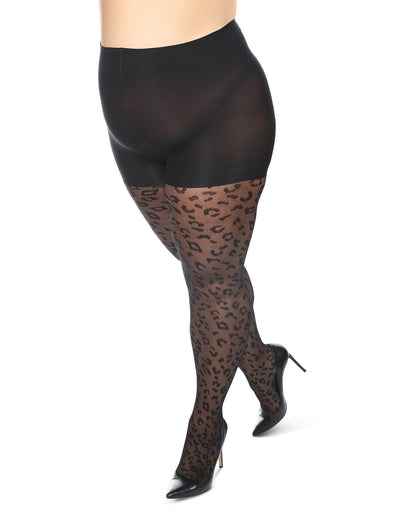 Women's Curvy Leopard Sheer Nylon Control Top Tights : Color: Black-Black