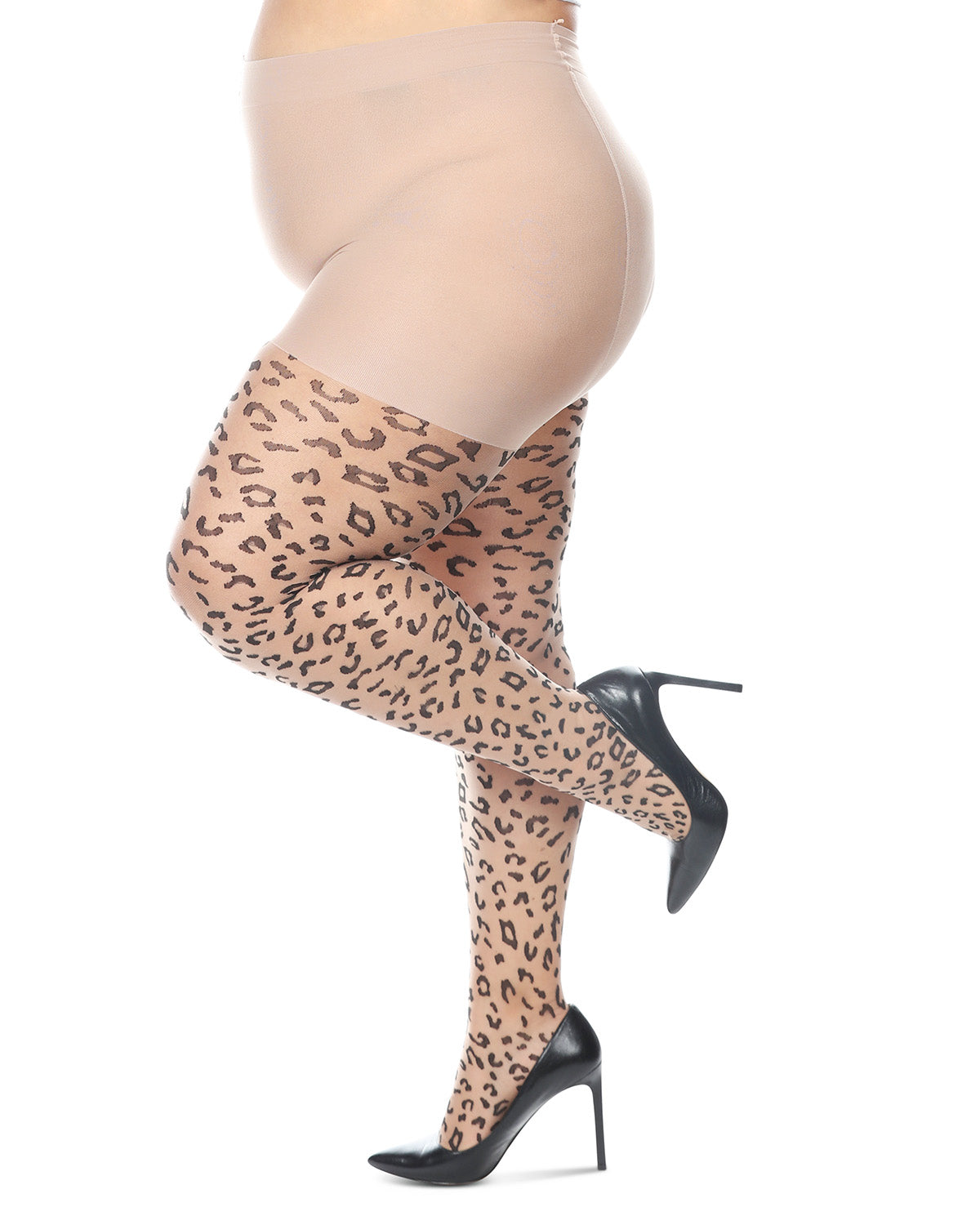 Women's Curvy Leopard Sheer Nylon Control Top Tights : Color: Nude-Black