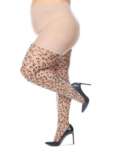 Women's Curvy Leopard Sheer Nylon Control Top Tights : Color: Nude-Black