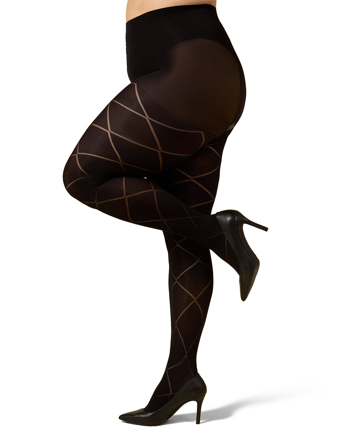 Diamond Opaque Plus Size Curvy Control Top Tights : Color: Black