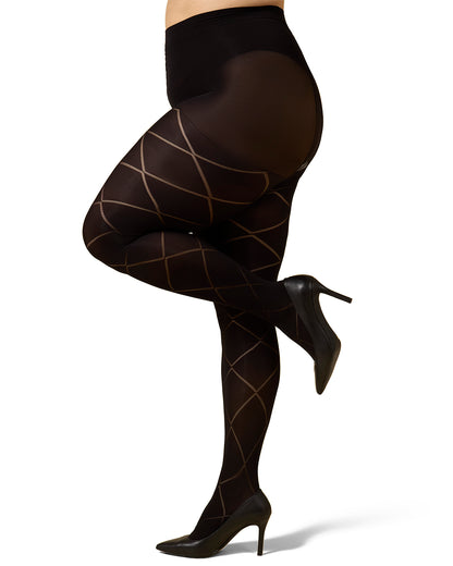 Diamond Opaque Plus Size Curvy Control Top Tights : Color: Black