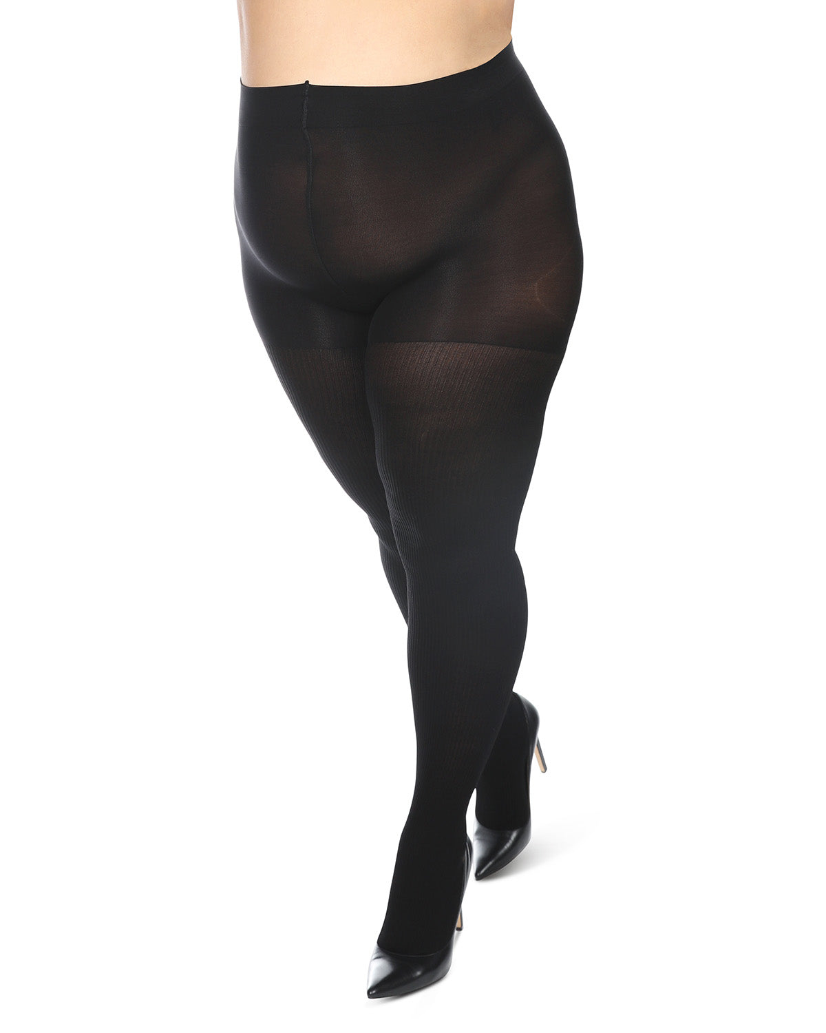 Women's Curvy Twin Rib Opaque Nylon Control Top Tights : Color: Black