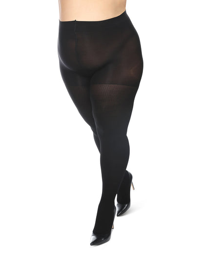 Women's Curvy Twin Rib Opaque Nylon Control Top Tights : Color: Black