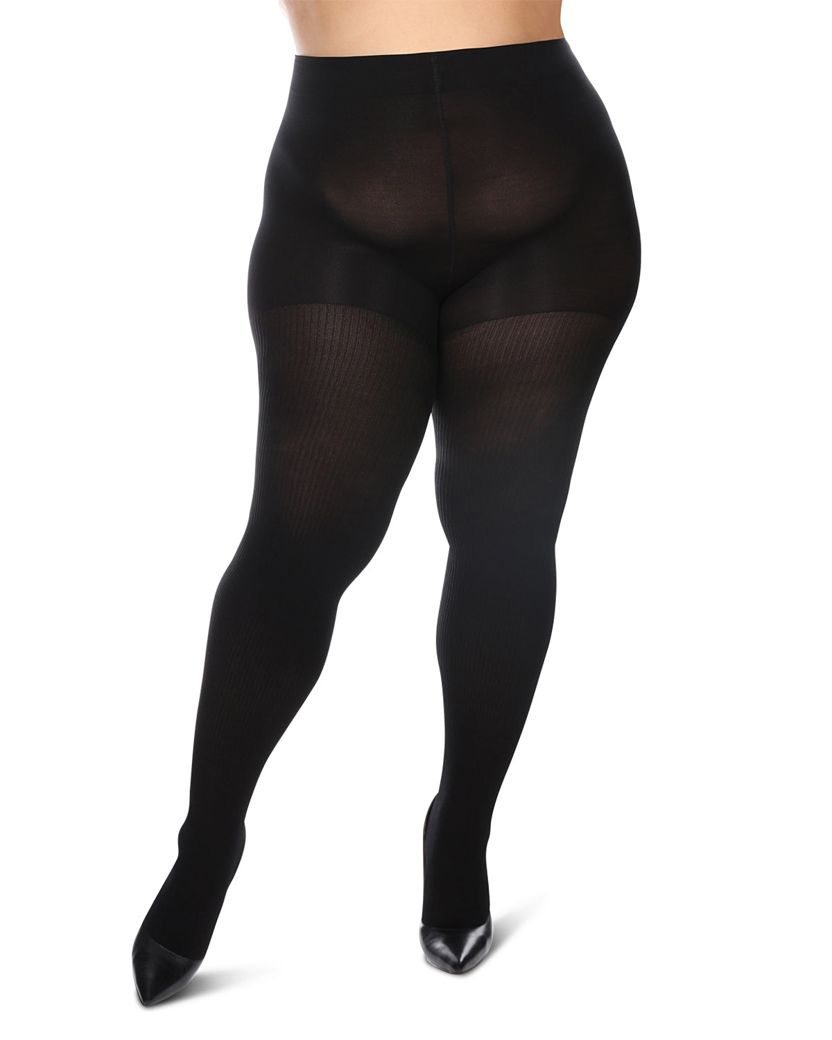 Women's Curvy Twin Rib Opaque Nylon Control Top Tights : Color: Black