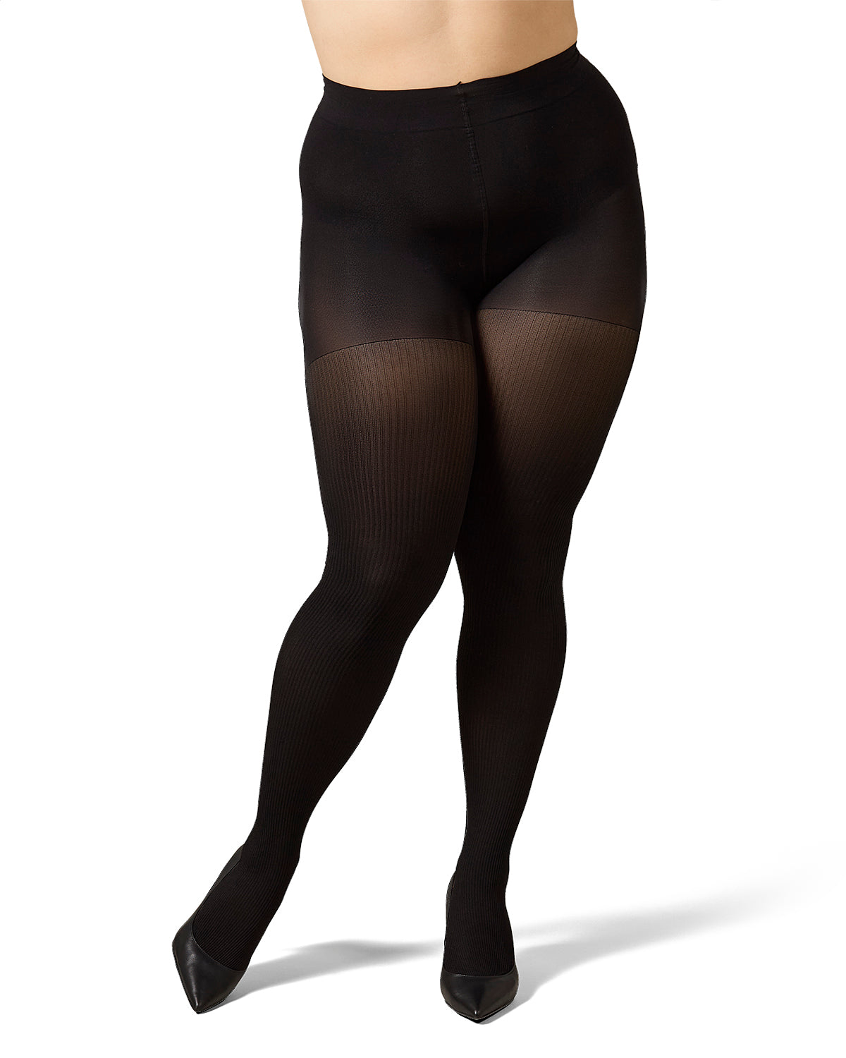 Women's Curvy Twin Rib Opaque Nylon Control Top Tights : Color: Black