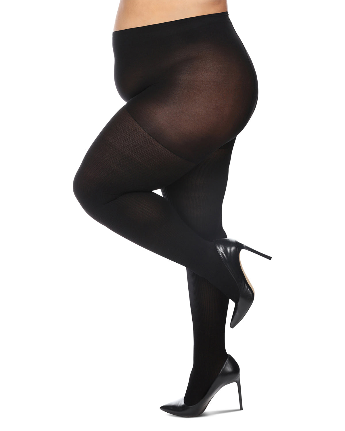 Women's Curvy Twin Rib Opaque Nylon Control Top Tights : Color: Black