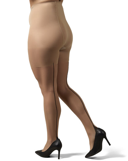Women's Back Seam/Cuban Heel Plus Size Curvy Control Top Pantyhose : Color: Nude-Black