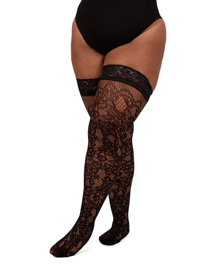 Women's Net Swirl-Pattern Lace-Top Plus Size Thigh High Stockings