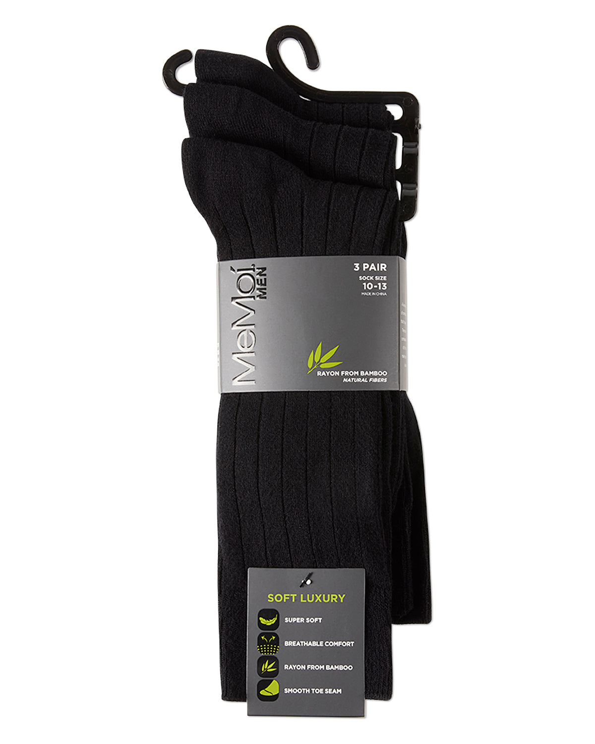 Men's 3 Pair Pack Bamboo Blend Ribbed Crew Socks : Color: Black