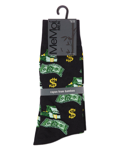 Money Bags Cash Print Bamboo Blend Men's Crew Socks : Color: Black
