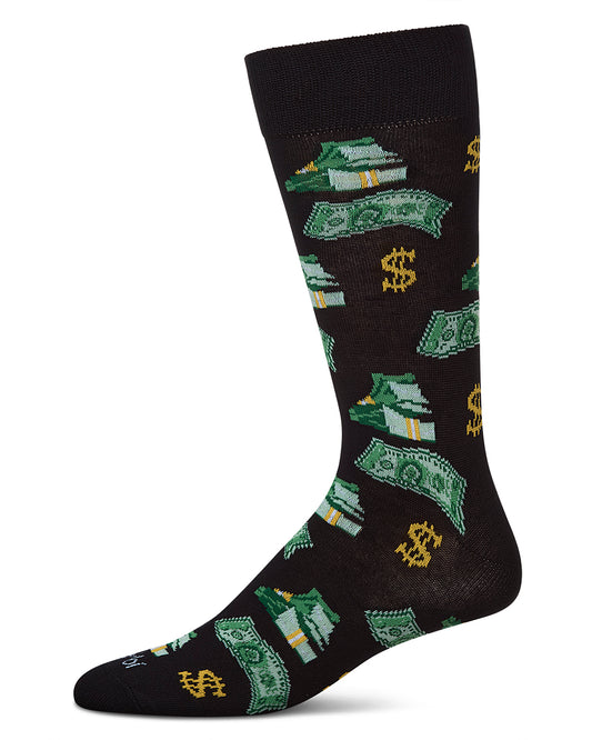 Money Bags Cash Print Bamboo Blend Men's Crew Socks : Color: Black