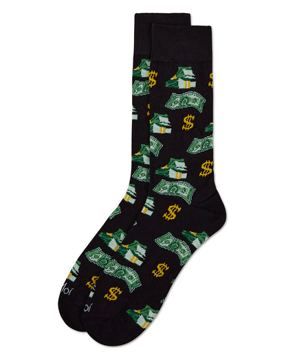 Money Bags Cash Print Bamboo Blend Men's Crew Socks : Color: Black
