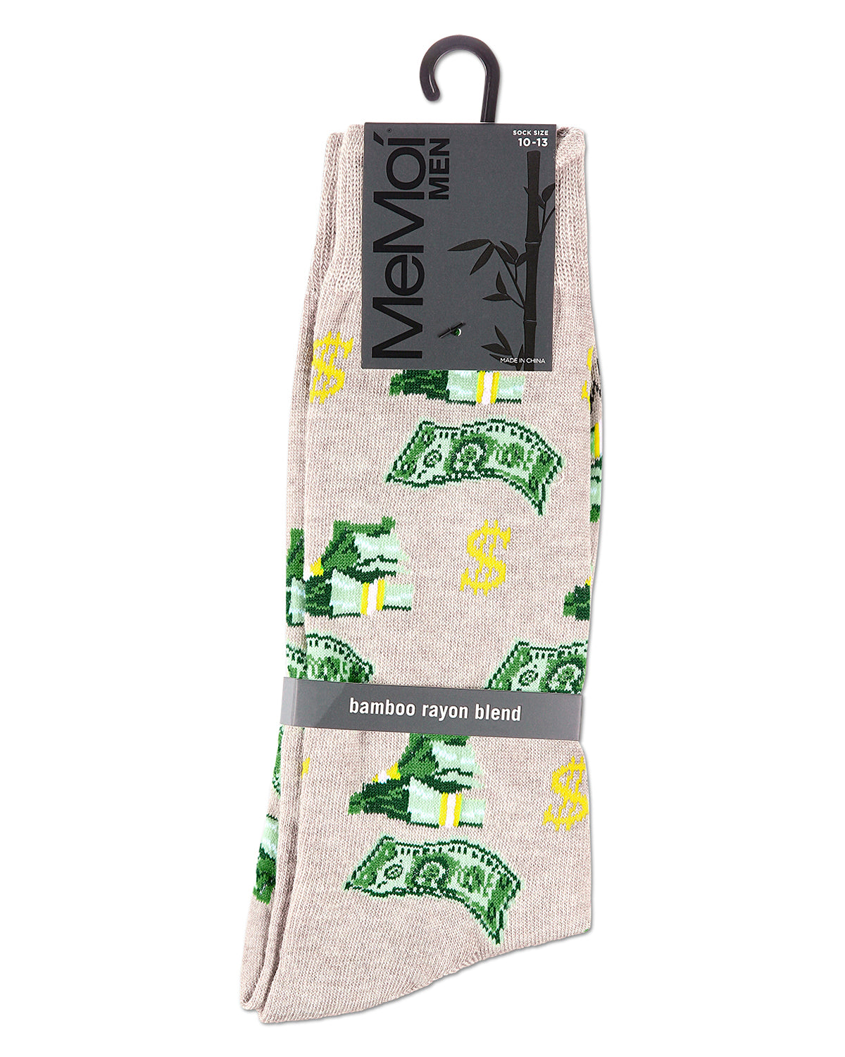 Money Bags Cash Print Bamboo Blend Men's Crew Socks : Color: Oatmeal Heather
