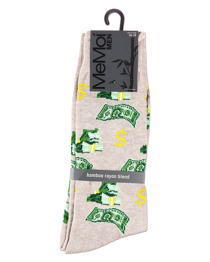 Money Bags Cash Print Bamboo Blend Men's Crew Socks : Color: Oatmeal Heather