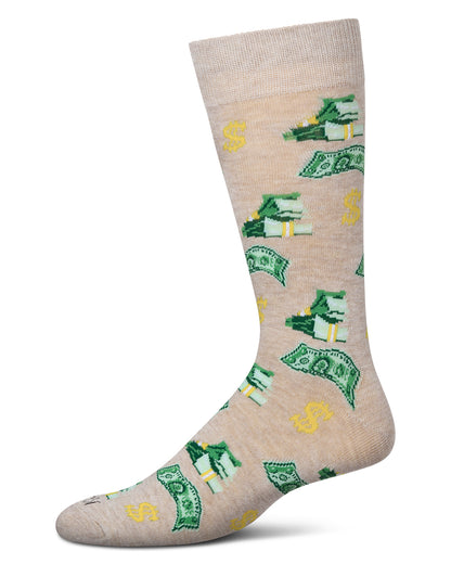 Money Bags Cash Print Bamboo Blend Men's Crew Socks : Color: Oatmeal Heather