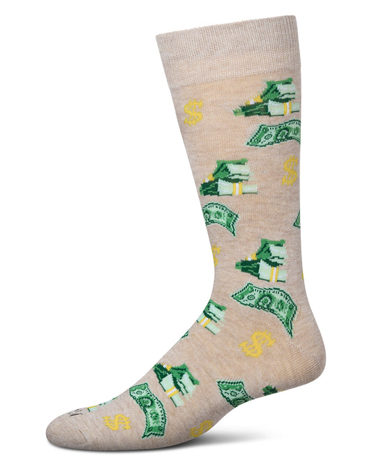 Money Bags Cash Print Bamboo Blend Men's Crew Socks : Color: Oatmeal Heather