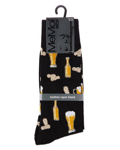 Happy Hour Beer and Peanuts Bamboo Blend Men's Crew Socks : Color: Black