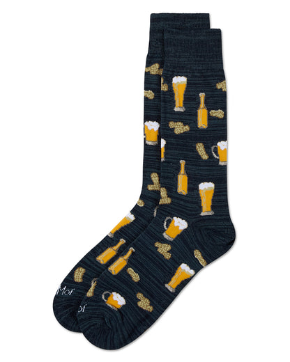 Happy Hour Beer and Peanuts Bamboo Blend Men's Crew Socks : Color: Black