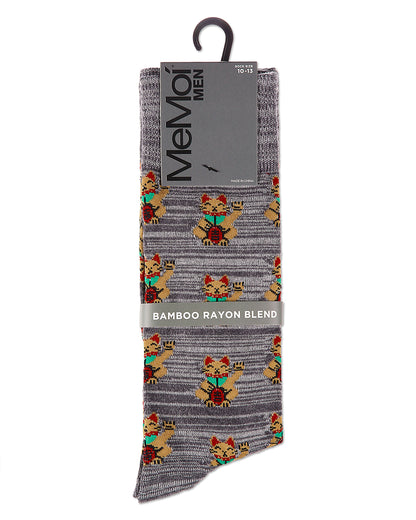 Lucky Cat Maneki-Neko Men's Bamboo Blend Crew Socks : Color: Asphalt