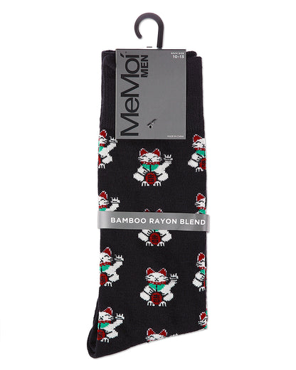 Lucky Cat Maneki-Neko Men's Bamboo Blend Crew Socks : Color: Asphalt