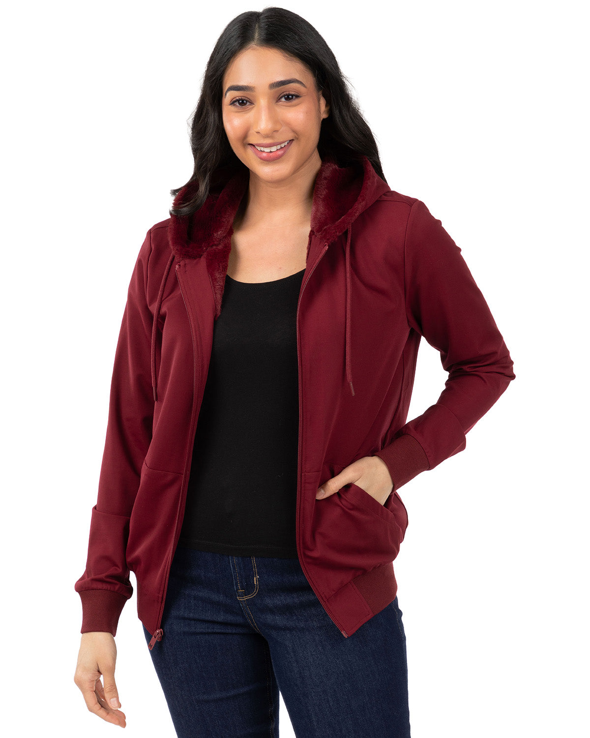 Zip-Up Rayon-Blend Hoodie with Faux Fur Lining - Introductory Special