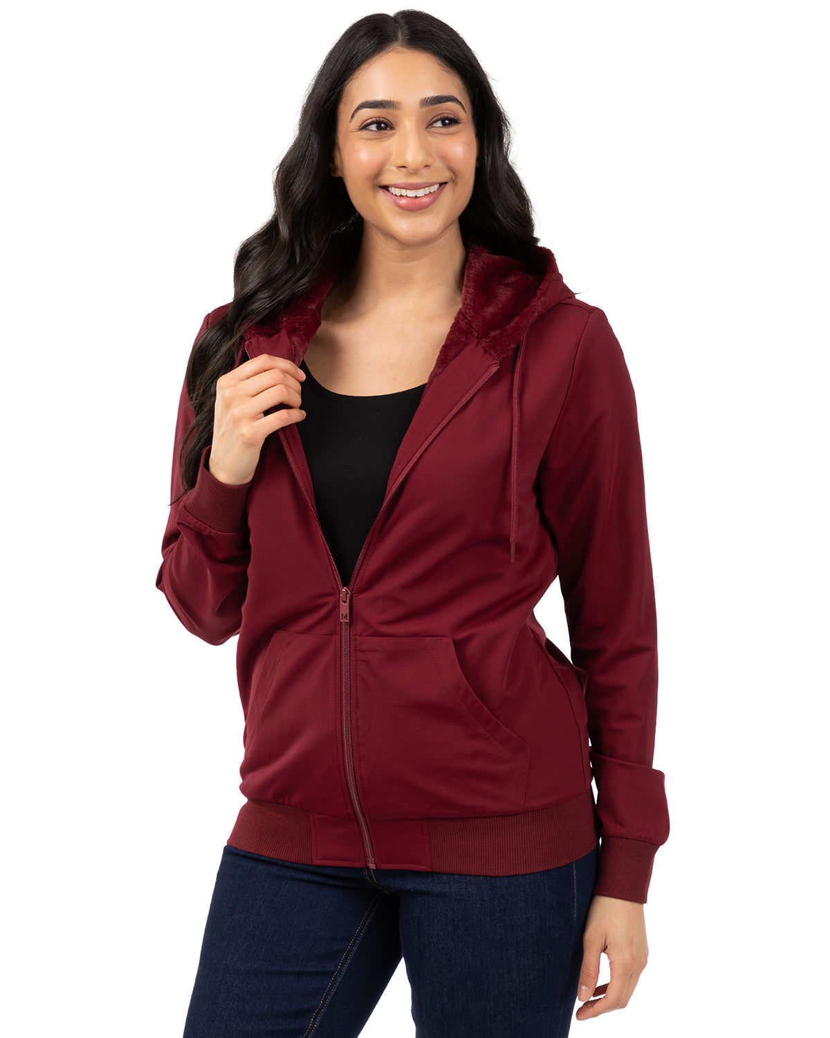 Zip-Up Rayon-Blend Hoodie with Faux Fur Lining - Introductory Special