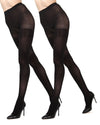 Black sheer tights worn by a person on a white background