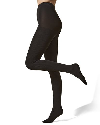 Women's Ribbed Plush Lined Fleece Opaque Winter Tights : Color: Black