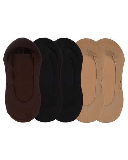 Women's 5 Pair Pack Fine Edge Nylon No Show Liner Socks : Color: Brown-Black-Tan