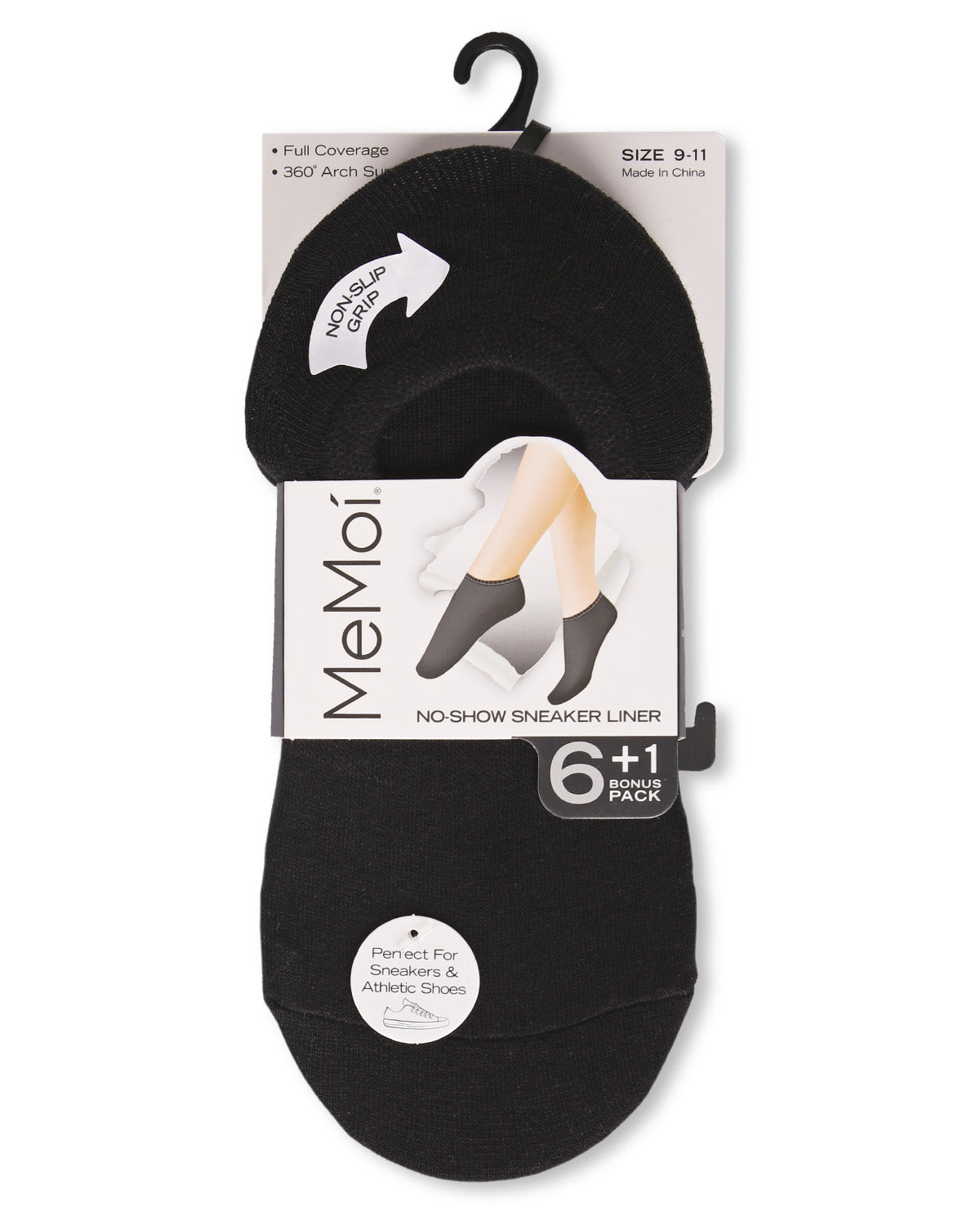 A 6-pack of MeMoi black no-show sneaker liners in a 9-11 size, packaged on a white cardboard hanger with a black plastic hook.