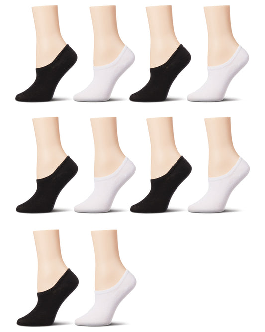 Women's 10 Pair Pack Cotton Blend No Show Sneaker Liners : Color: White-Black