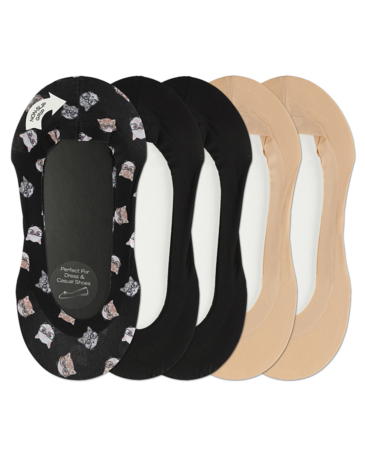 Women's 5 Pair Pack Studious Cats Fine Edge No Show Liner Socks : Color: Black