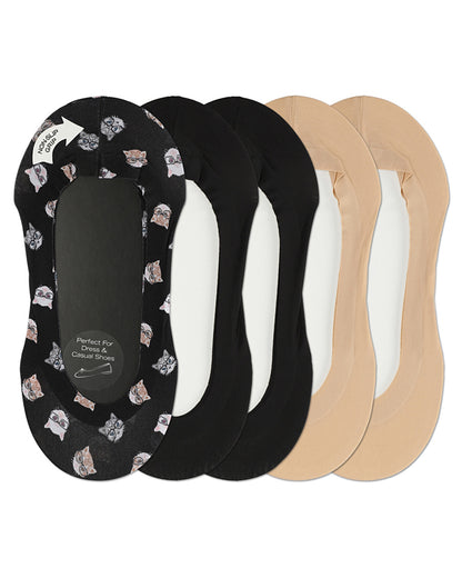 Women's 5 Pair Pack Studious Cats Fine Edge No Show Liner Socks : Color: Black