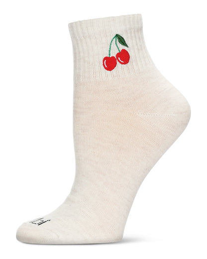 Women's Cherry Embroidery Athletic Quarter Socks : Color: Oatmeal Heather