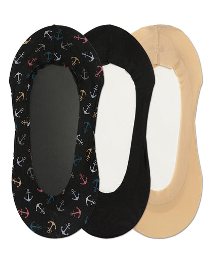 Women's 3 Pair Pack Anchors At Sea Fine Edge Liner Socks : Color: Black