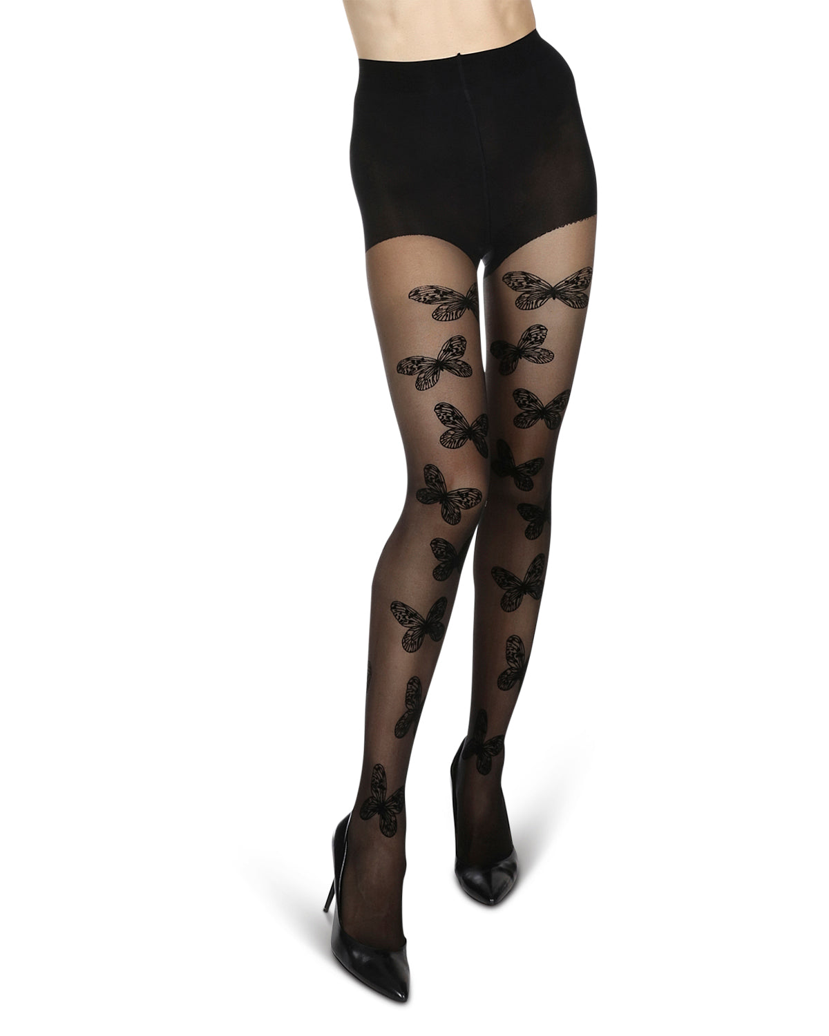 Women's Flutter of Butterflies Flocked Sheer Tights : Color: Black