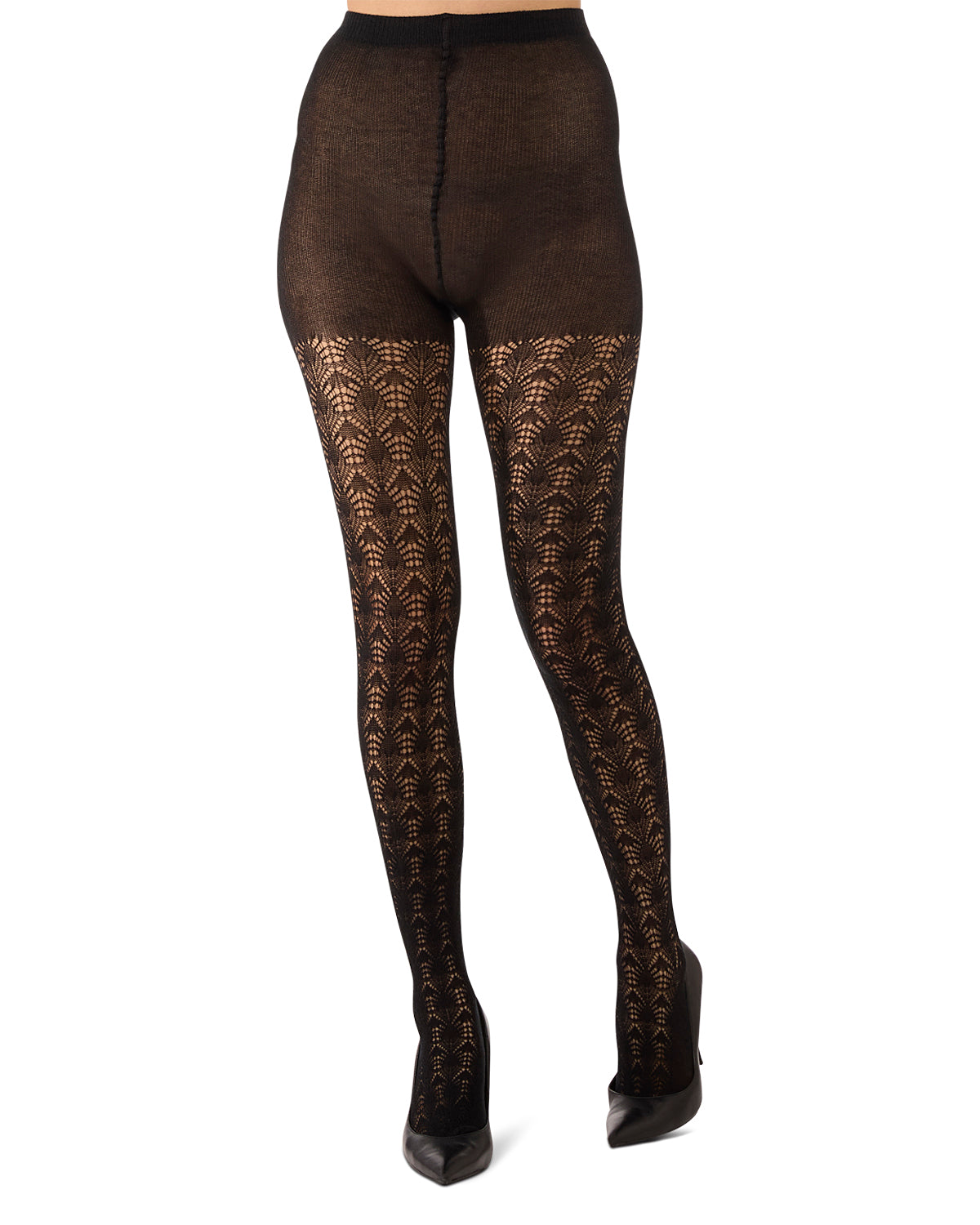 Women's Textured Cotton Rich Inverted Crochet Fashion Tights : Color: Black